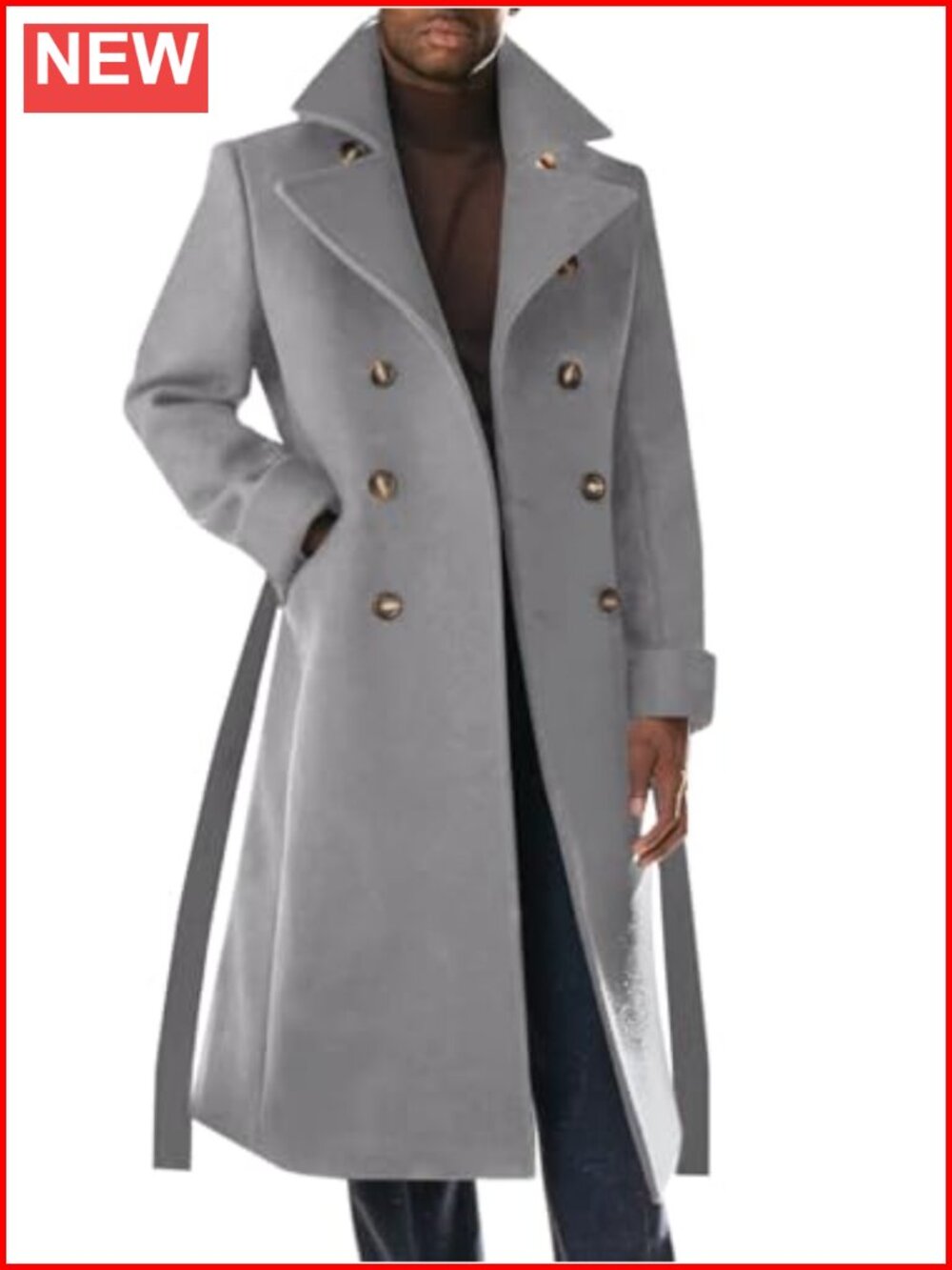 Mens Wool Blend Trench Coat Double Breasted Belted Overcoat Winter